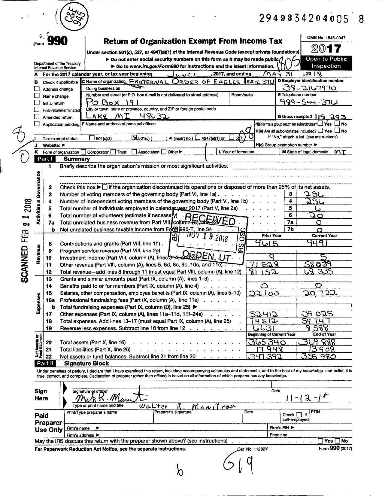 Image of first page of 2017 Form 990O for Fraternal Order of Eagles - 3761 Aerie