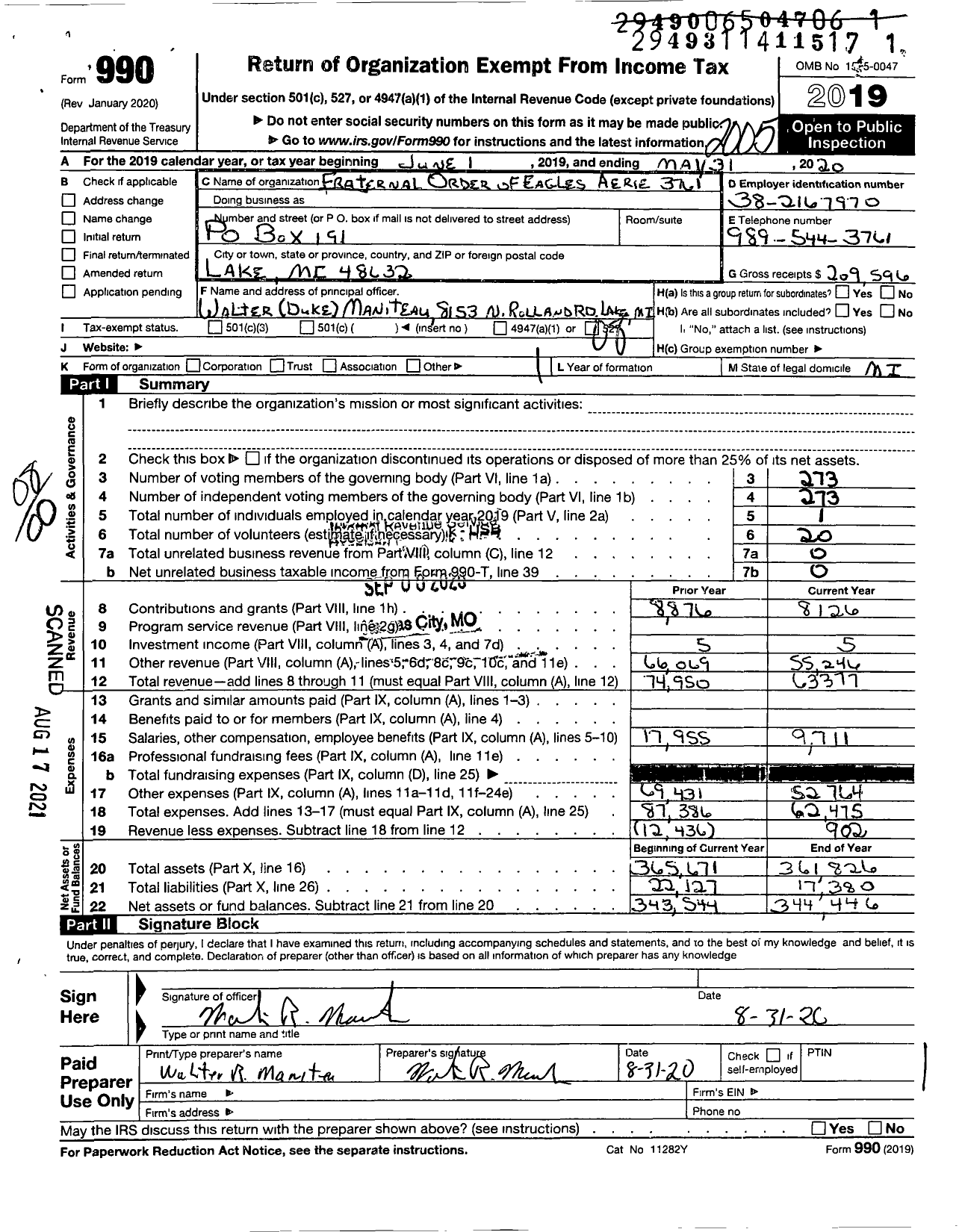 Image of first page of 2019 Form 990O for Fraternal Order of Eagles - 3761 Aerie