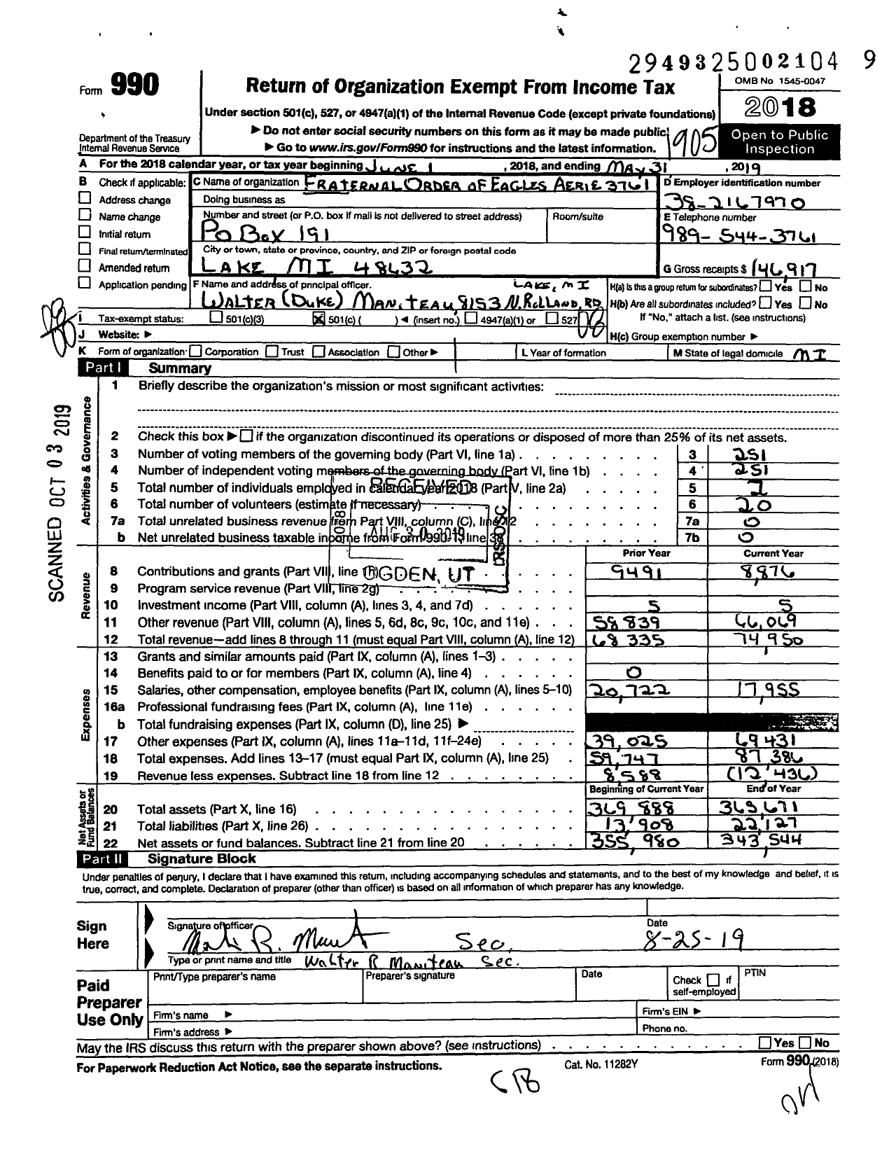 Image of first page of 2018 Form 990O for Fraternal Order of Eagles - 3761 Aerie