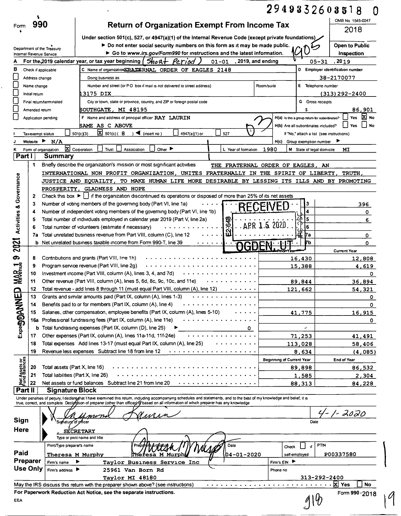 Image of first page of 2018 Form 990 for Fraternal Order of Eagles - 2148 Aerie