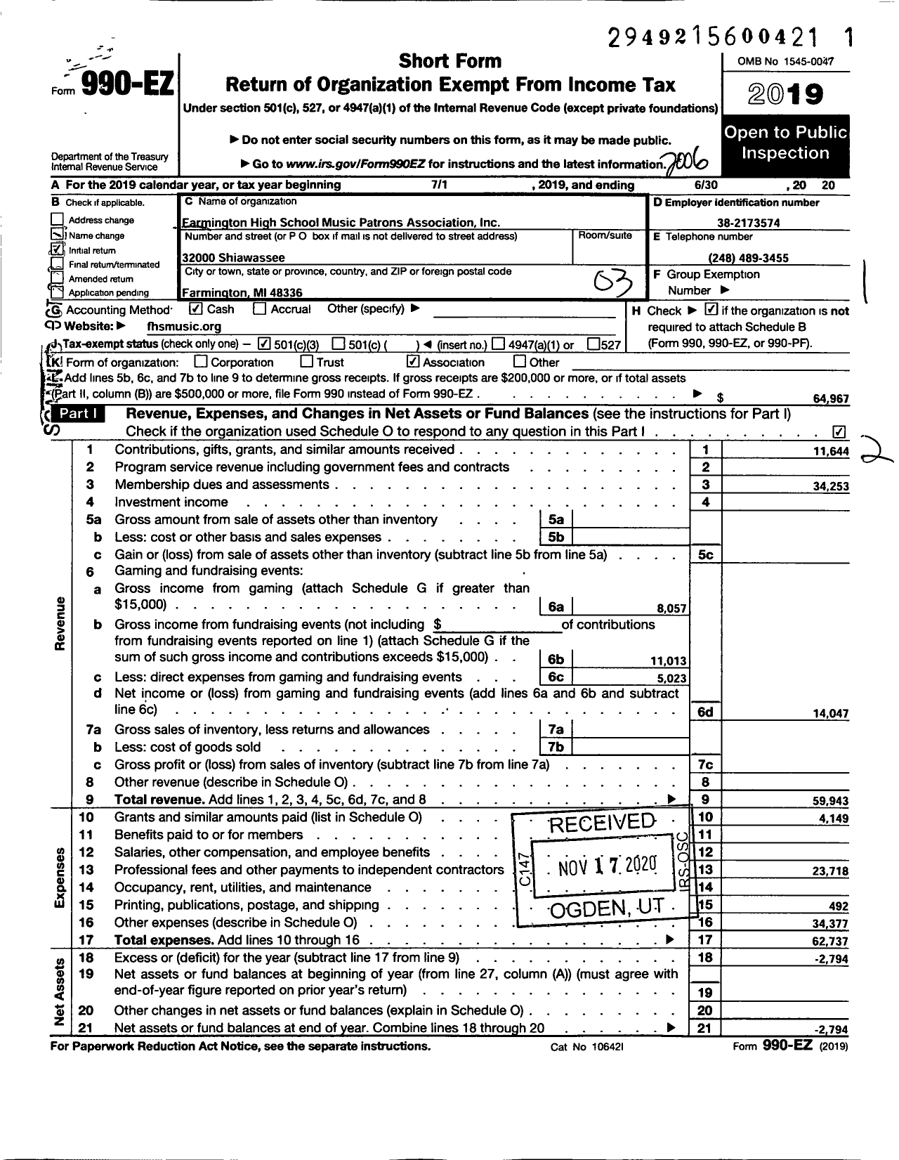 Image of first page of 2019 Form 990EZ for Farmington High School Music Patrons Association