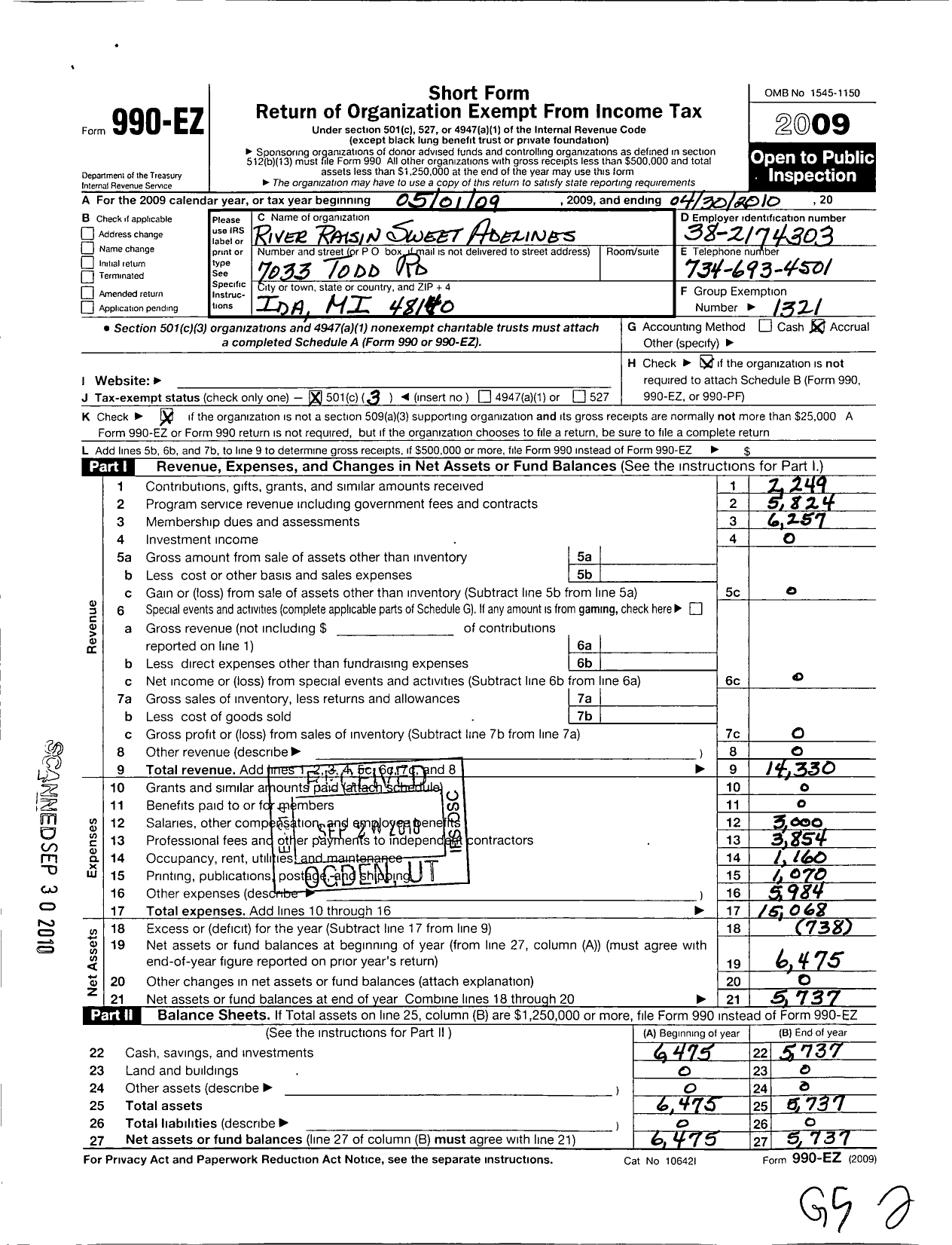 Image of first page of 2009 Form 990EZ for Sweet Adelines International - 110348 River Raisin