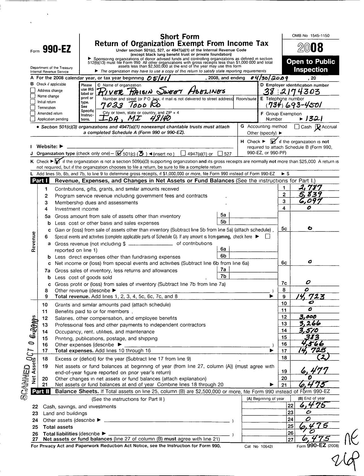 Image of first page of 2008 Form 990EZ for Sweet Adelines International - 110348 River Raisin