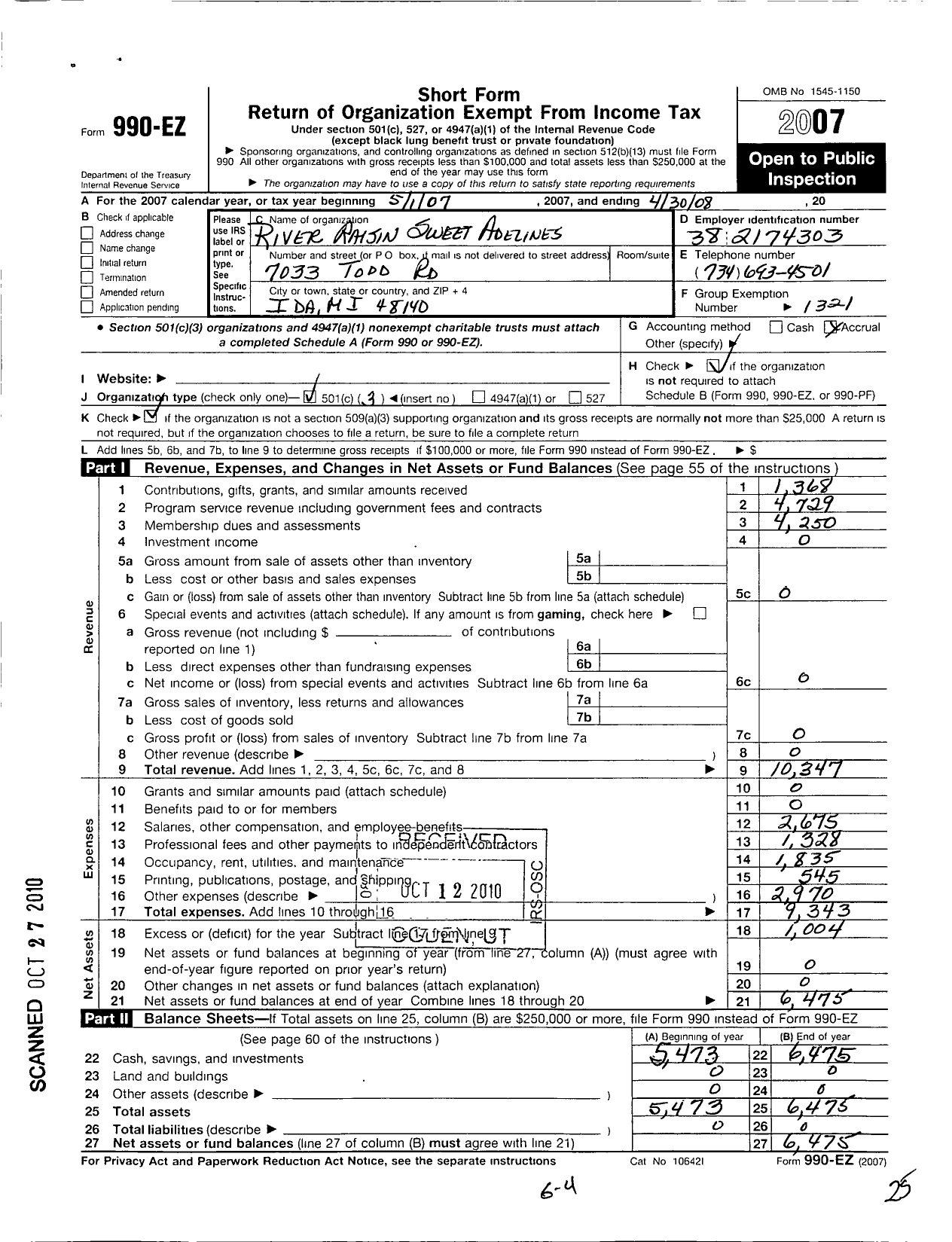 Image of first page of 2007 Form 990EZ for Sweet Adelines International - 110348 River Raisin