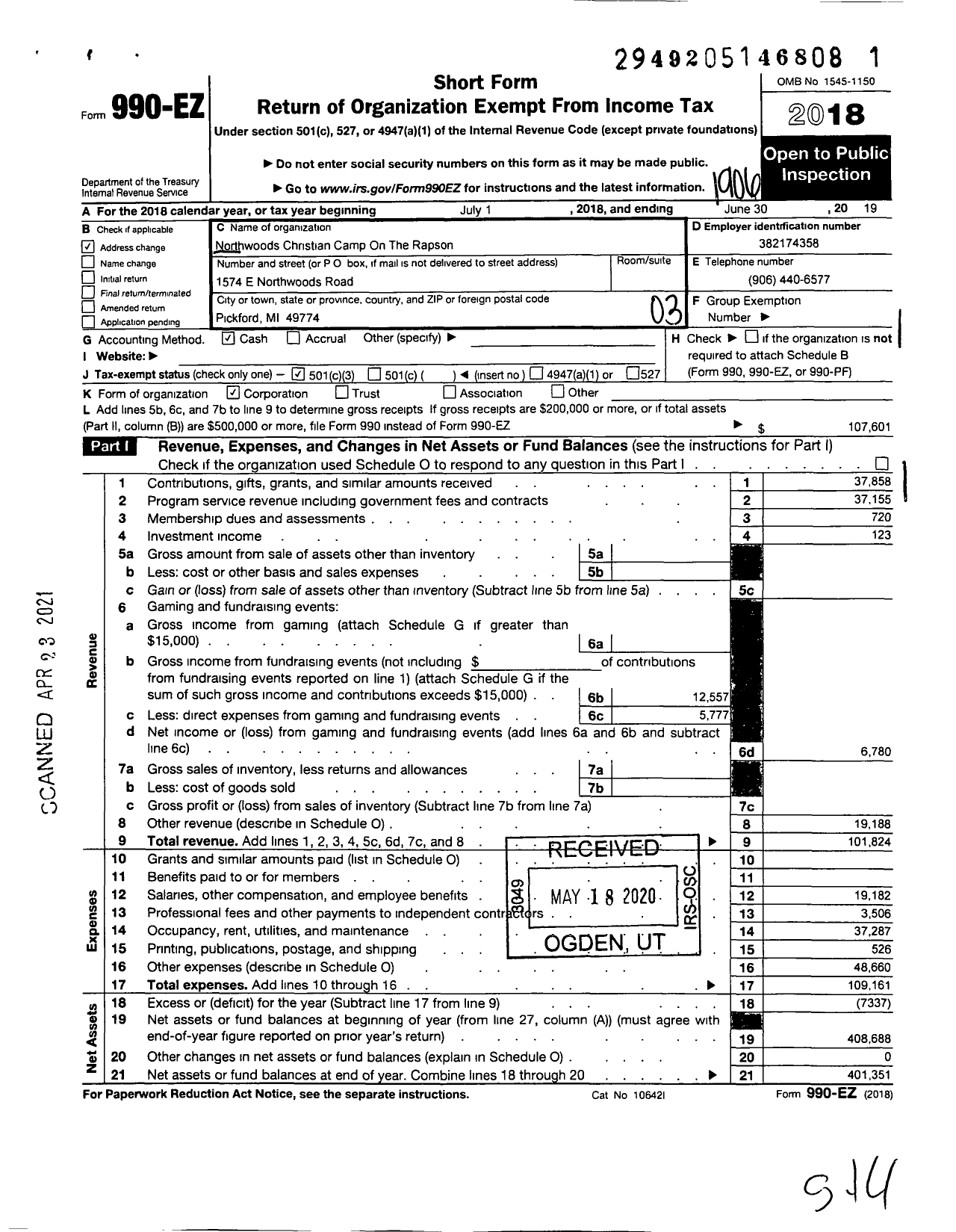 Image of first page of 2018 Form 990EZ for Northwoods Christian Camp on the Rapson