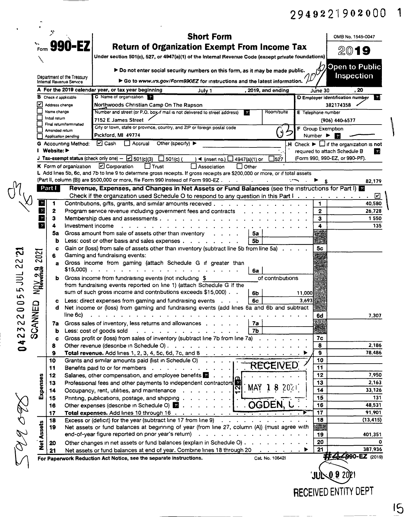 Image of first page of 2019 Form 990EZ for Northwoods Christian Camp on the Rapson