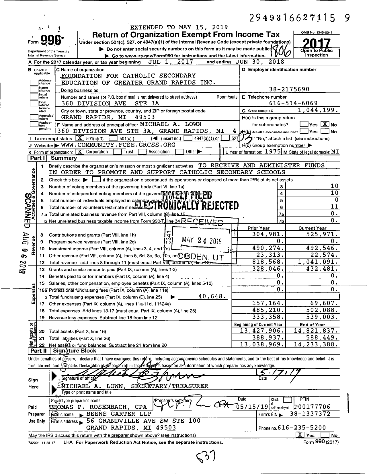 Image of first page of 2017 Form 990 for Foundation for Catholic Secondary Education of Greater Grand Rapids
