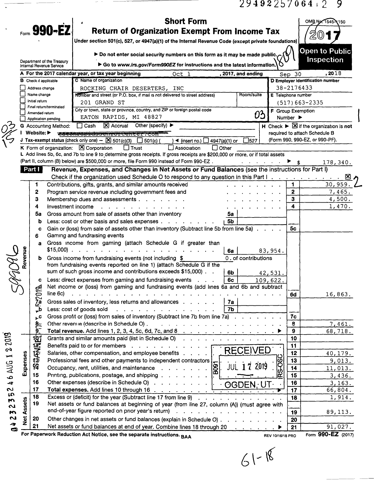 Image of first page of 2017 Form 990EZ for Rocking Chair Deserters