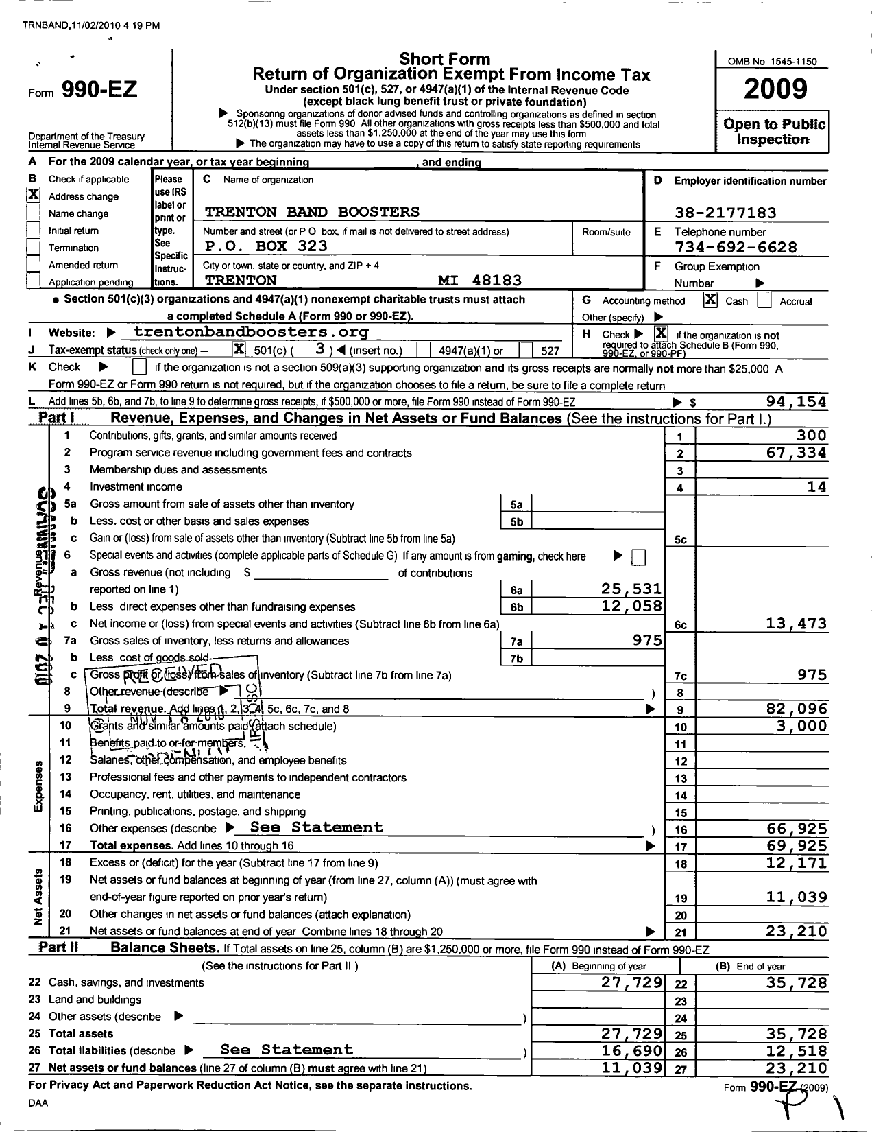 Image of first page of 2009 Form 990EZ for Trenton Band Boosters