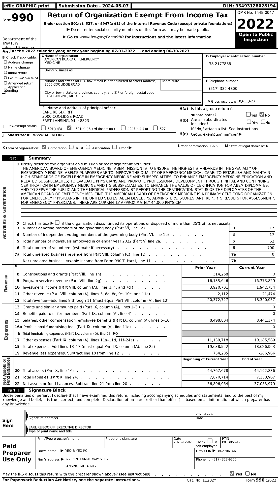 Image of first page of 2022 Form 990 for American Board of Emergency Medicine (ABEM)