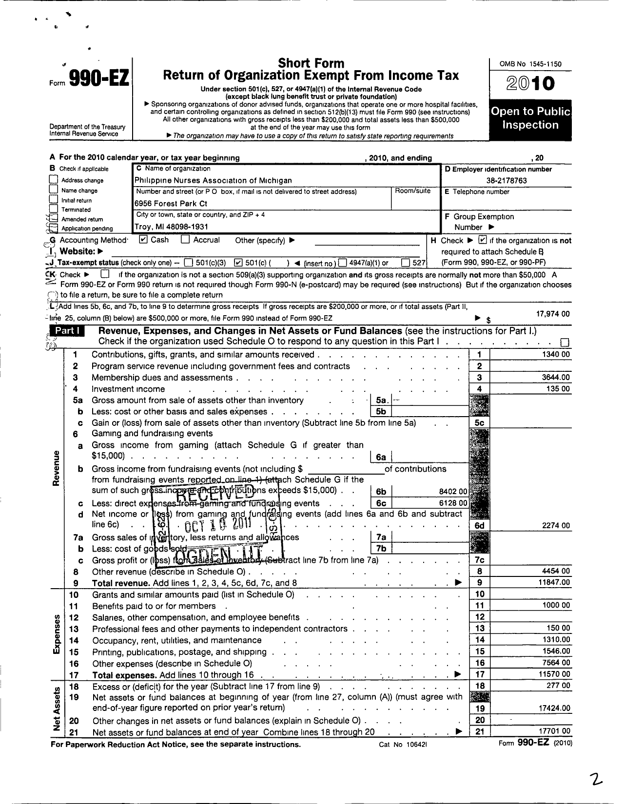 Image of first page of 2010 Form 990EO for Philippine Nurses Association of Mich