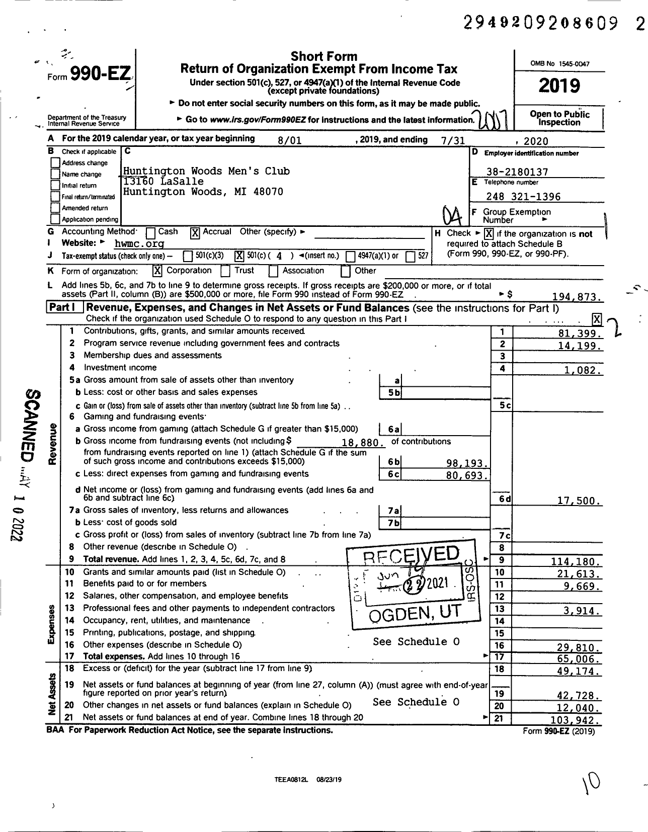 Image of first page of 2019 Form 990EO for Huntington Woods Men's Club