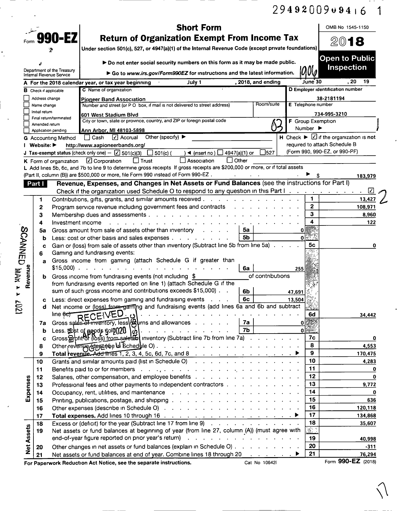 Image of first page of 2018 Form 990EZ for Pioneer Band Association