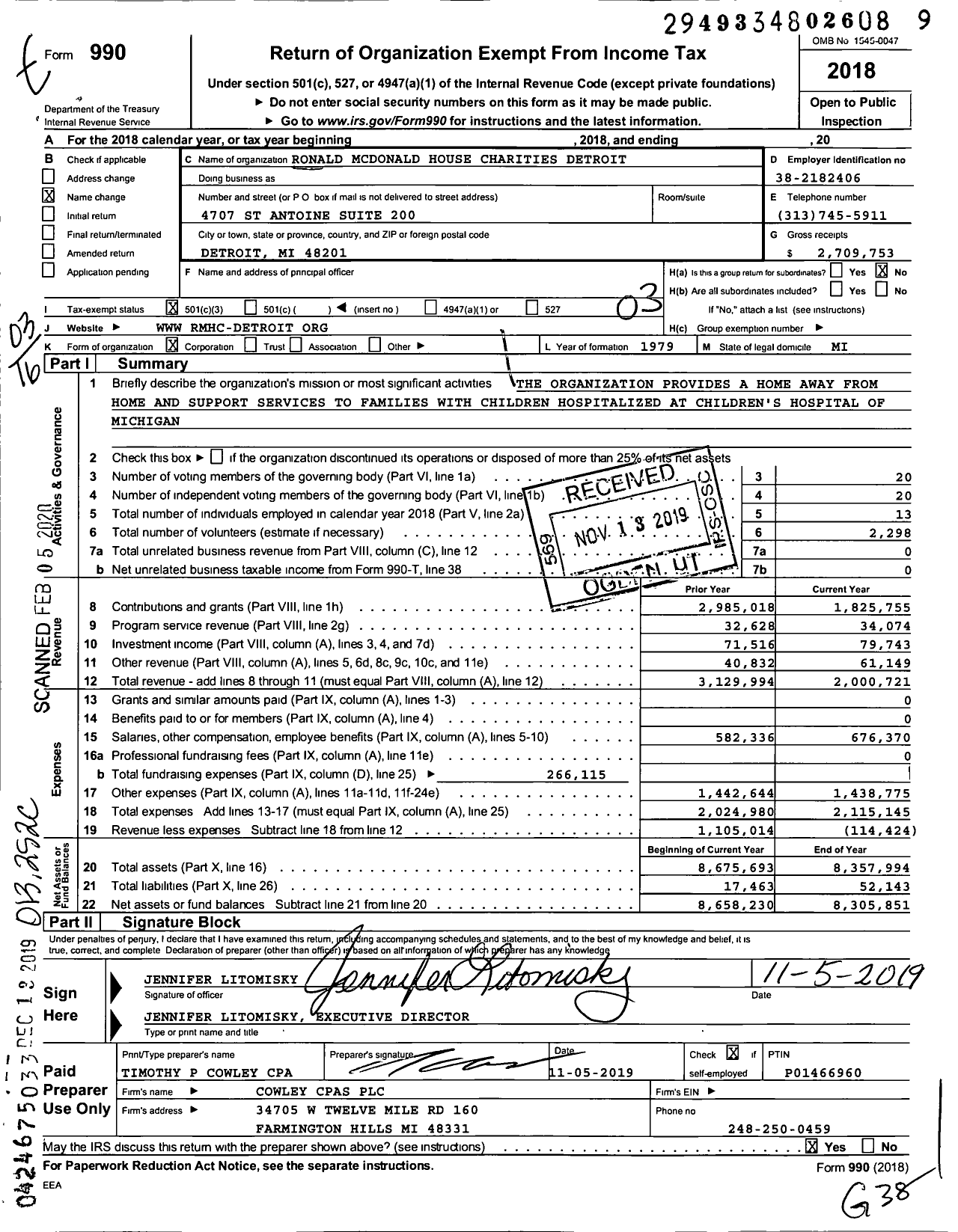 Image of first page of 2018 Form 990 for Ronald Mcdonald House Charities Detroit