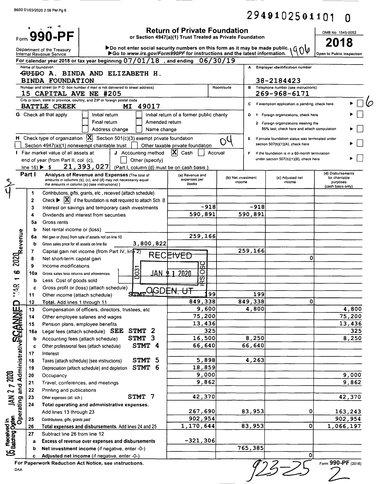 Image of first page of 2018 Form 990PR for Guido A Binda and Elizabeth H Binda Foundation