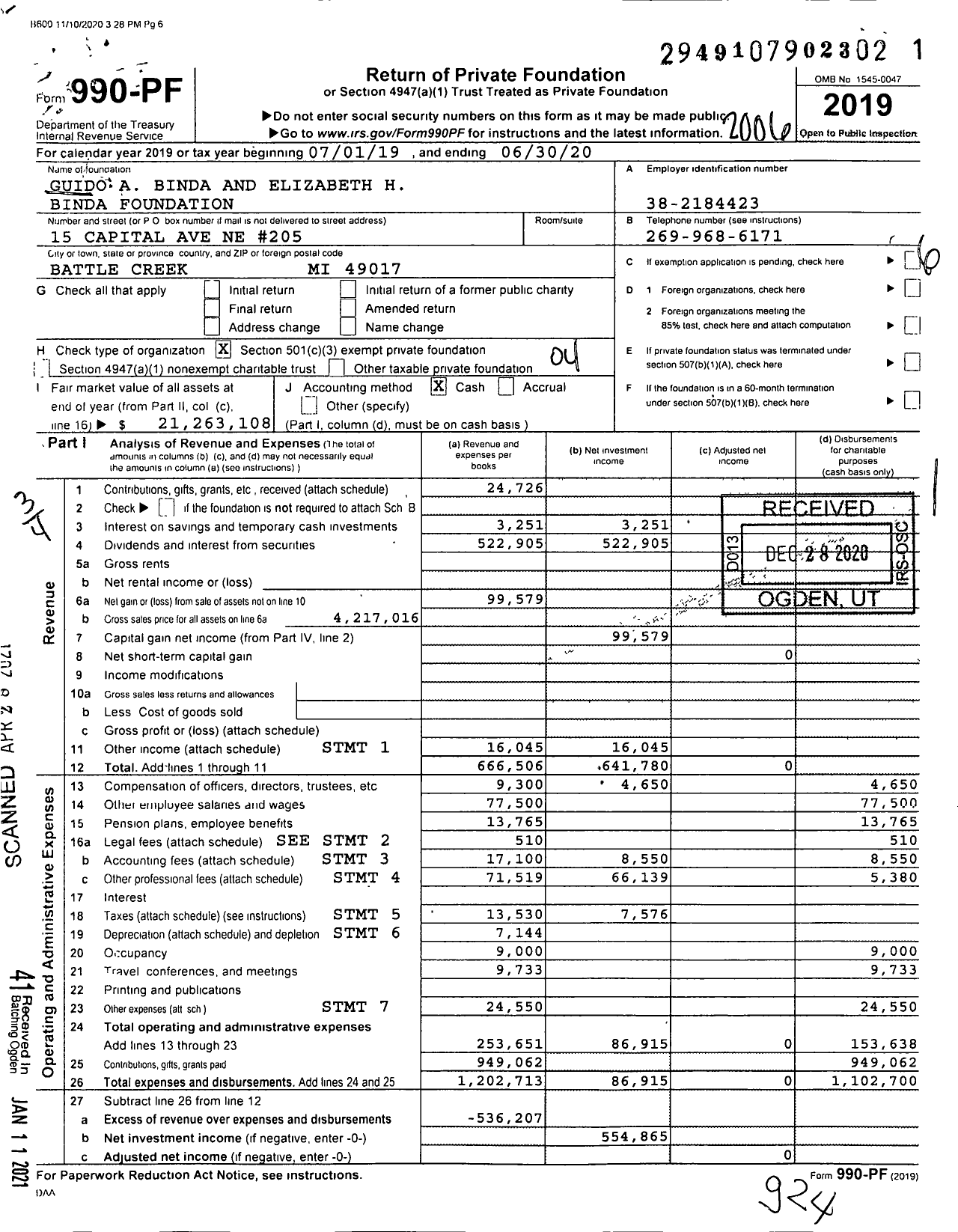 Image of first page of 2019 Form 990PF for Guido A Binda and Elizabeth H Binda Foundation