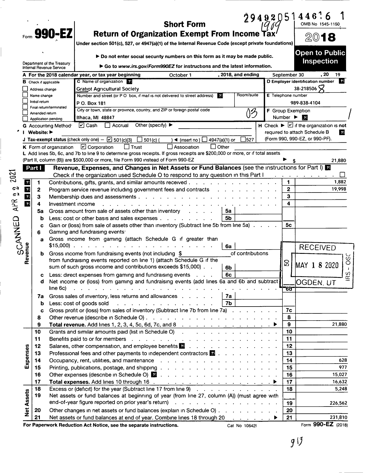 Image of first page of 2018 Form 990EZ for Gratiot Agricultural Society