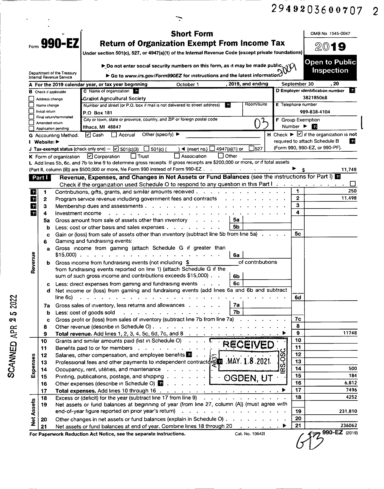 Image of first page of 2019 Form 990EZ for Gratiot Agricultural Society