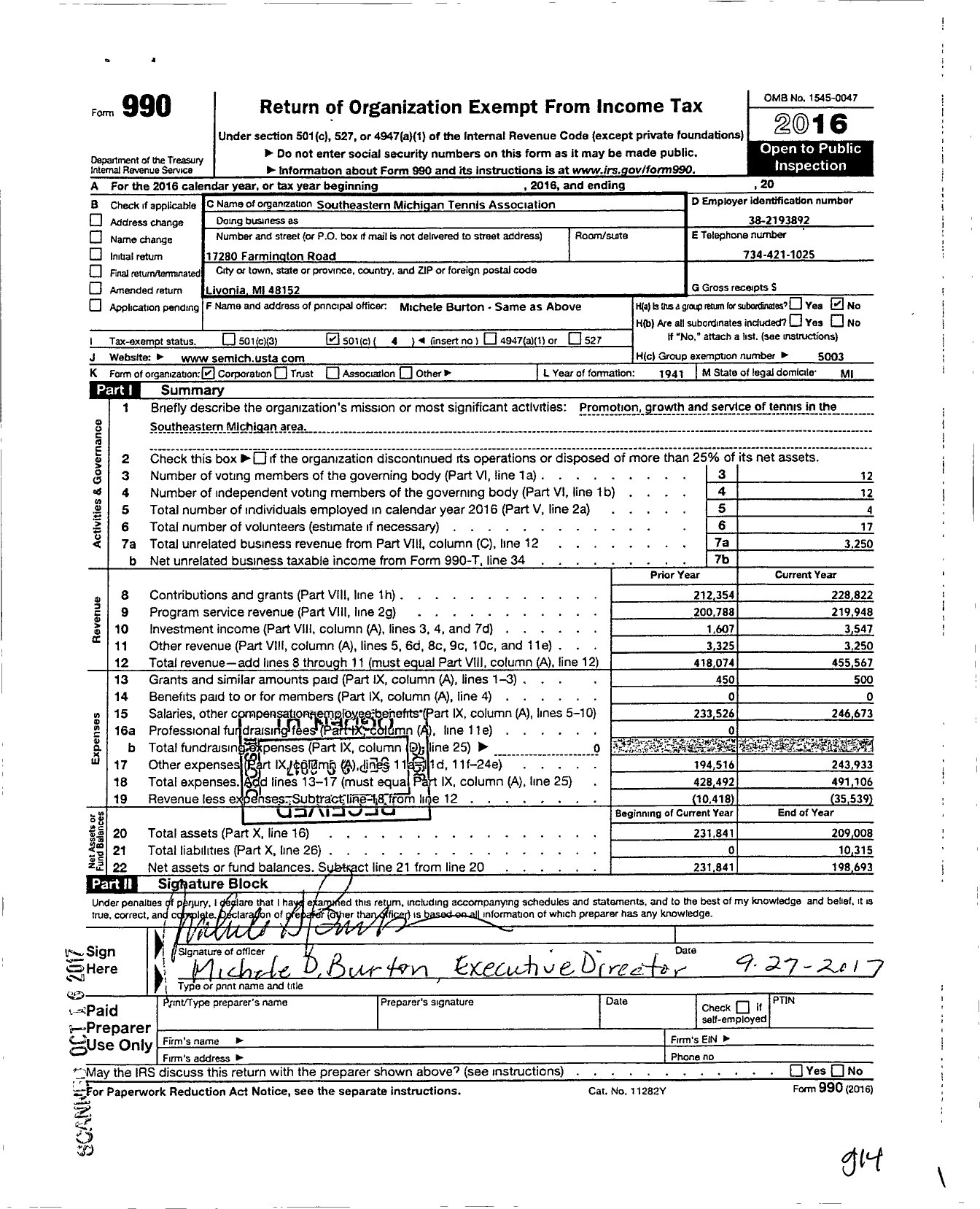 Image of first page of 2016 Form 990O for Southeastern Michigan Tennis Association