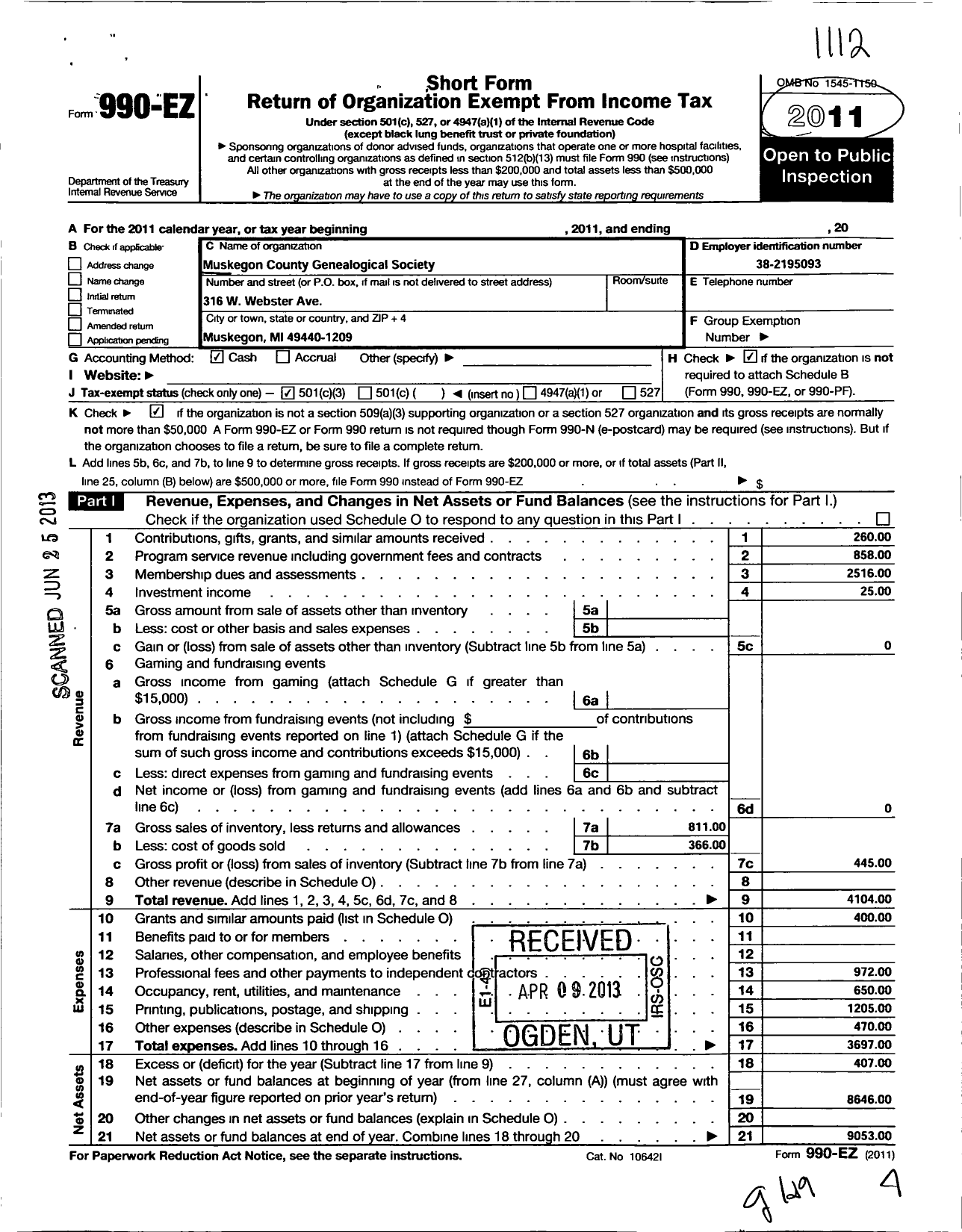 Image of first page of 2011 Form 990EZ for Muskegon County Genealogical Society