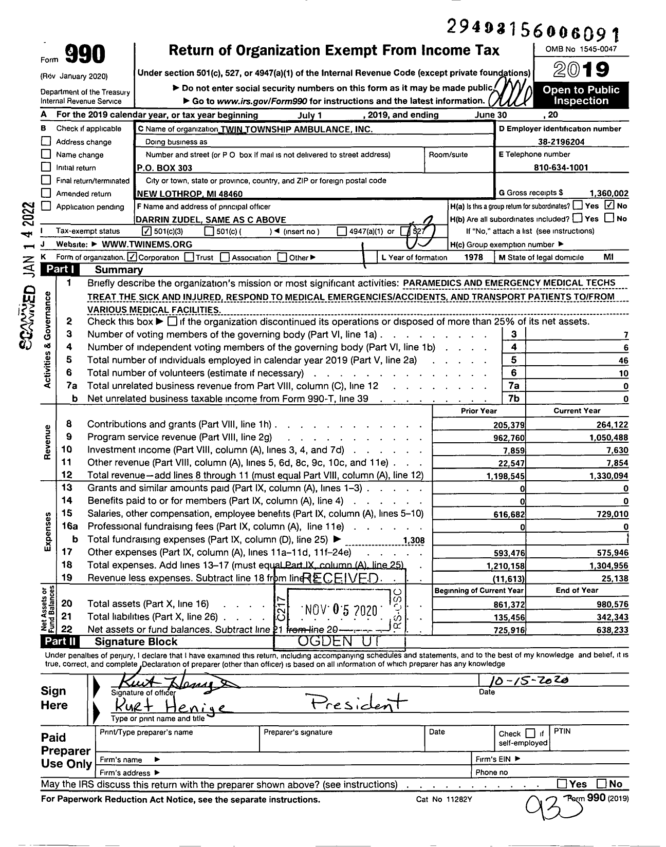 Image of first page of 2019 Form 990 for Twin Township Ambulance