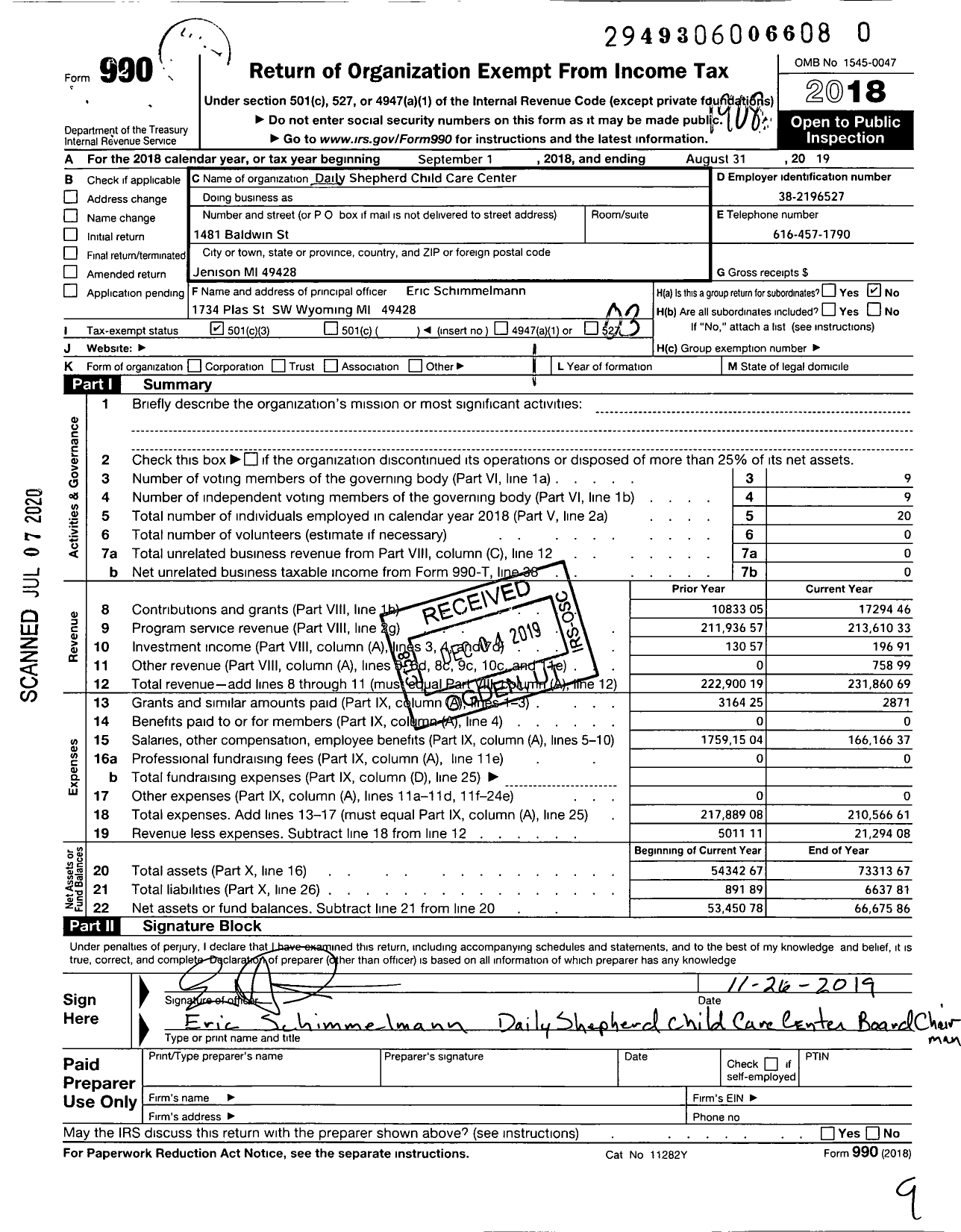 Image of first page of 2018 Form 990 for Daily Shepherd Child Care Center