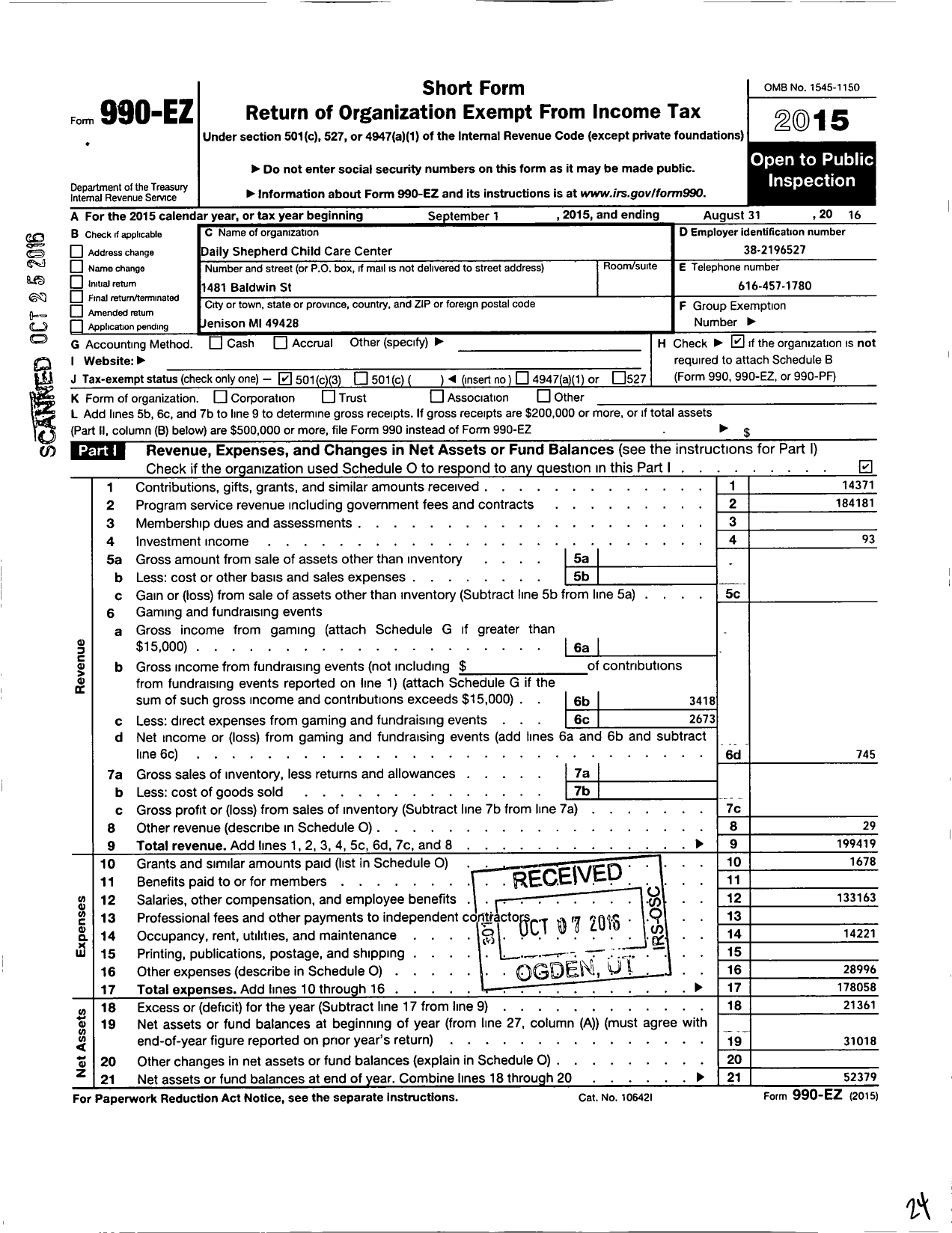 Image of first page of 2015 Form 990EZ for Daily Shepherd Child Care Center