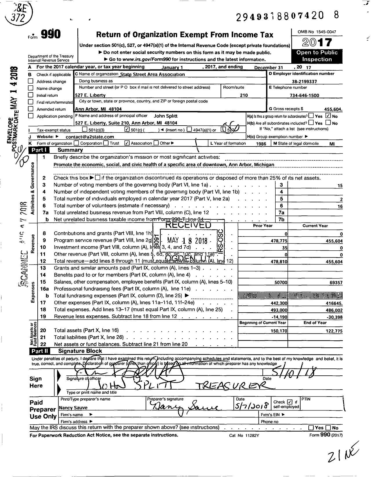 Image of first page of 2017 Form 990O for State Street Area Association