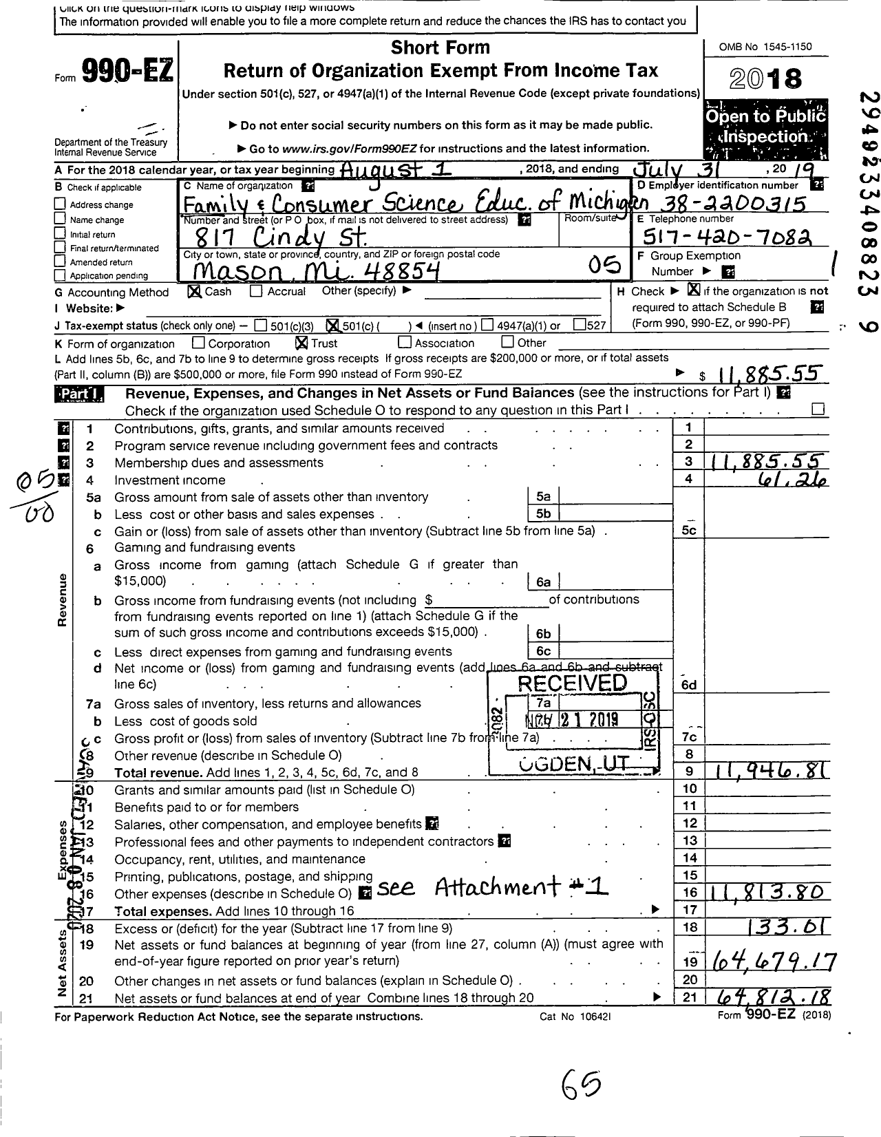 Image of first page of 2018 Form 990EO for Family and Consumer Science Educators of Michigan