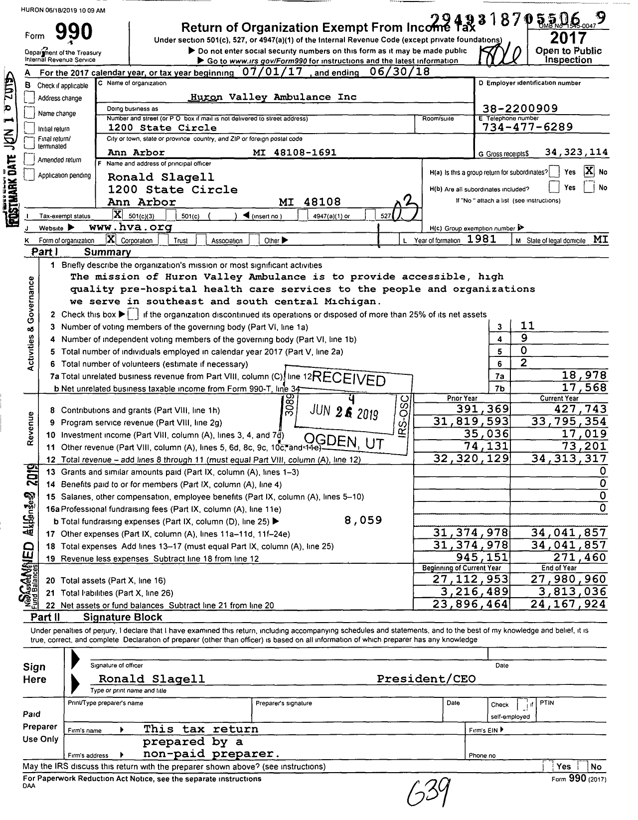 Image of first page of 2017 Form 990 for Huron Valley Ambulance
