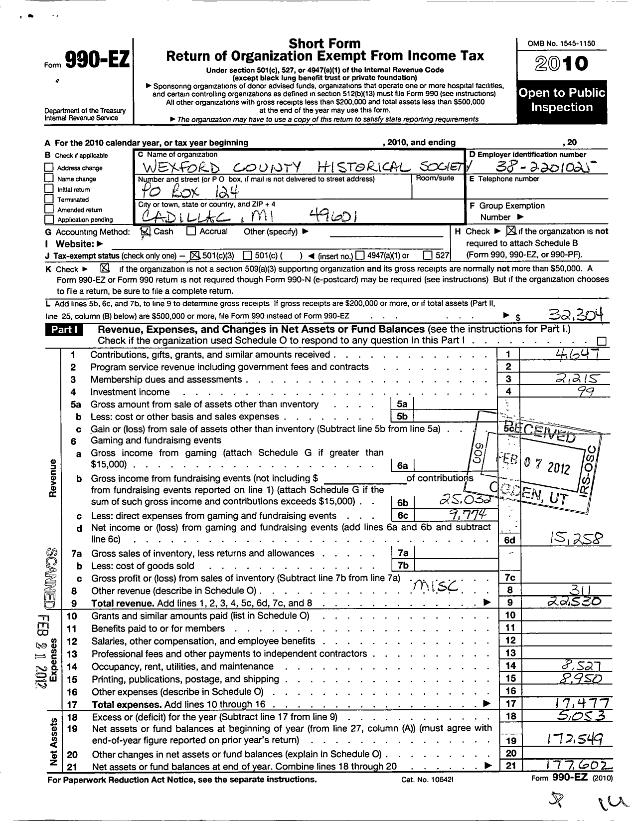 Image of first page of 2010 Form 990EZ for The Wexford County Historical Society