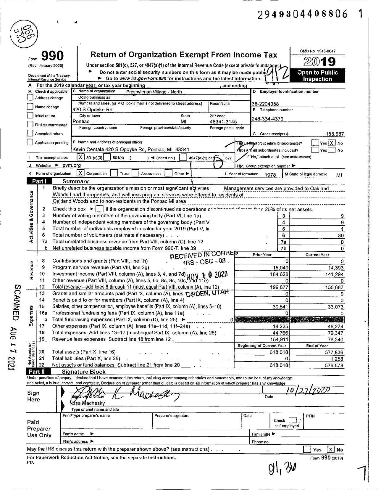 Image of first page of 2019 Form 990 for Presbyterian Village - North