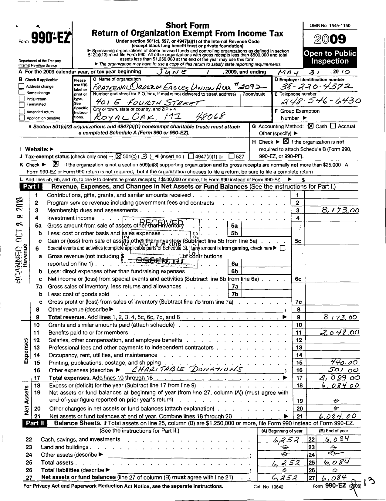 Image of first page of 2009 Form 990EZ for Fraternal Order of Eagles - 2092 Aux