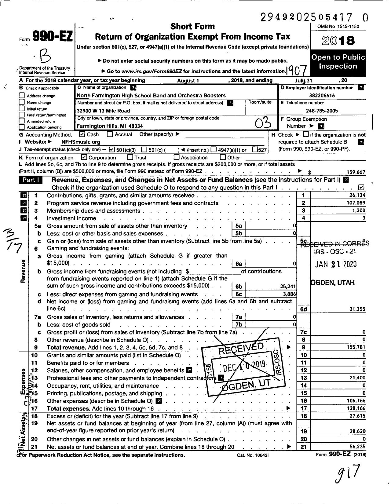 Image of first page of 2018 Form 990EZ for North Farmington High School Band and Orchestra Boosters