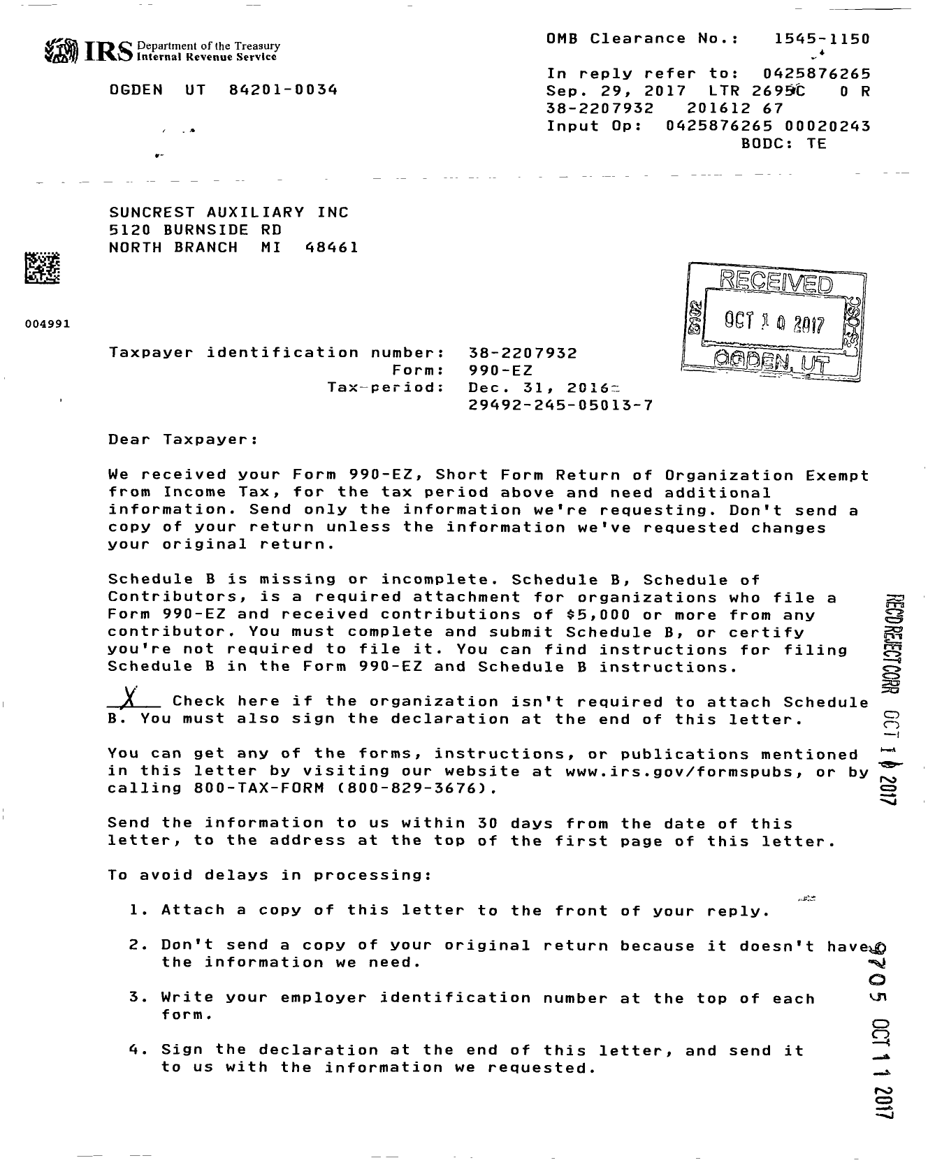 Image of first page of 2016 Form 990ER for Suncrest Auxiliary