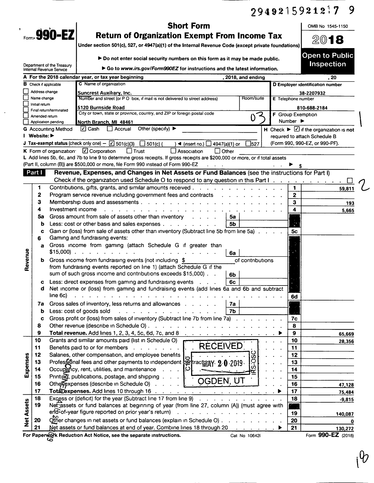 Image of first page of 2018 Form 990EZ for Suncrest Auxiliary