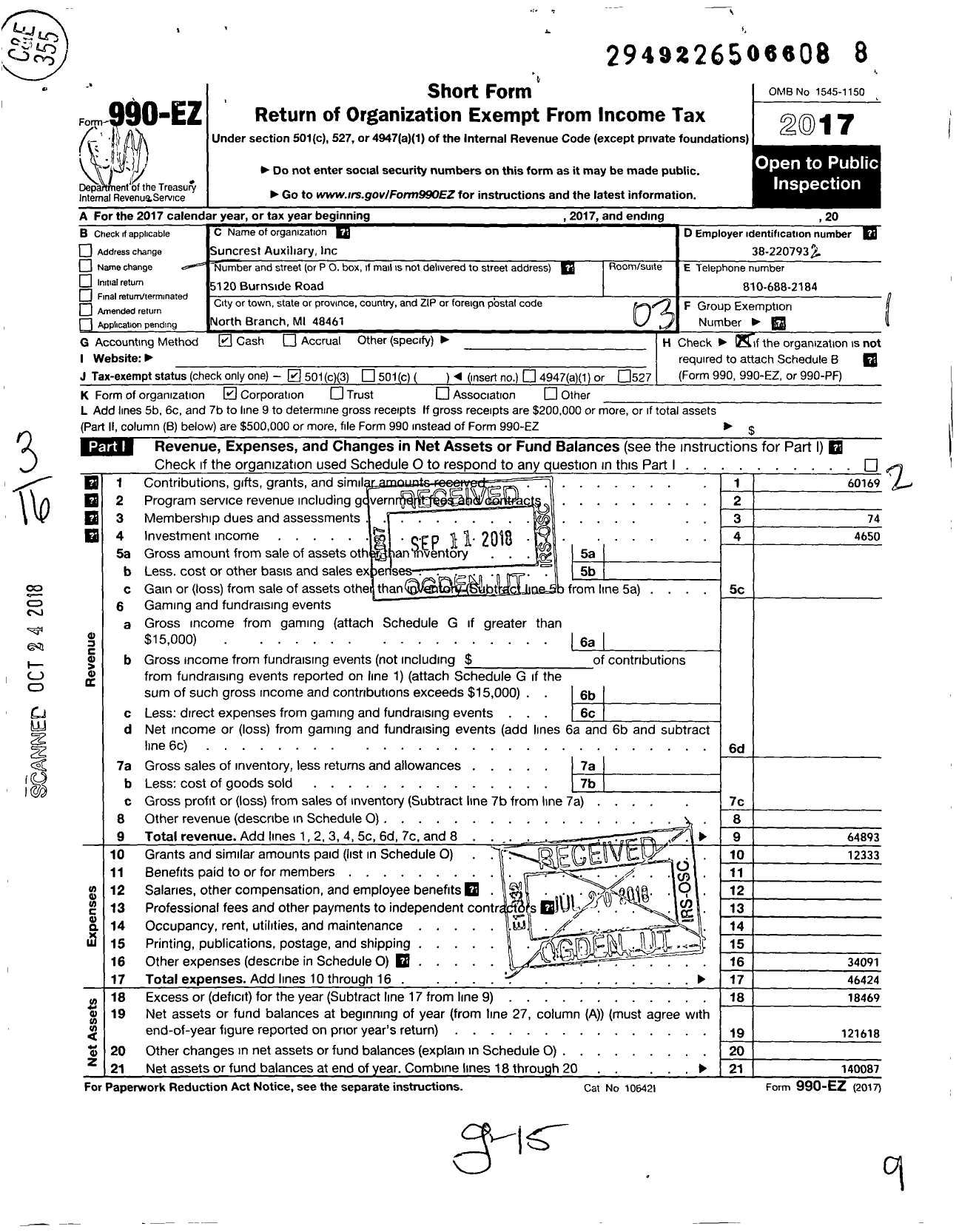 Image of first page of 2017 Form 990EZ for Suncrest Auxiliary