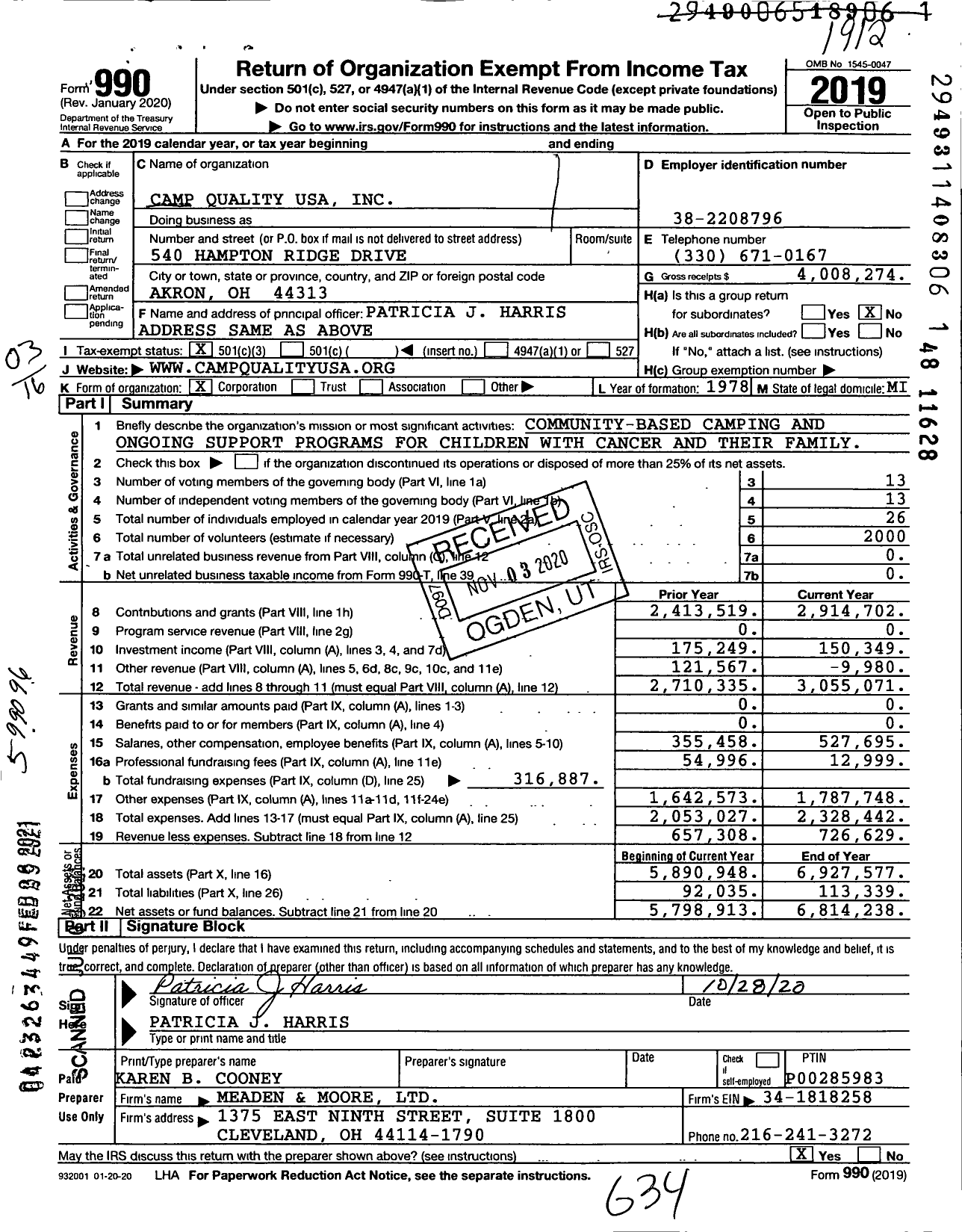 Image of first page of 2019 Form 990 for Camp Quality USA