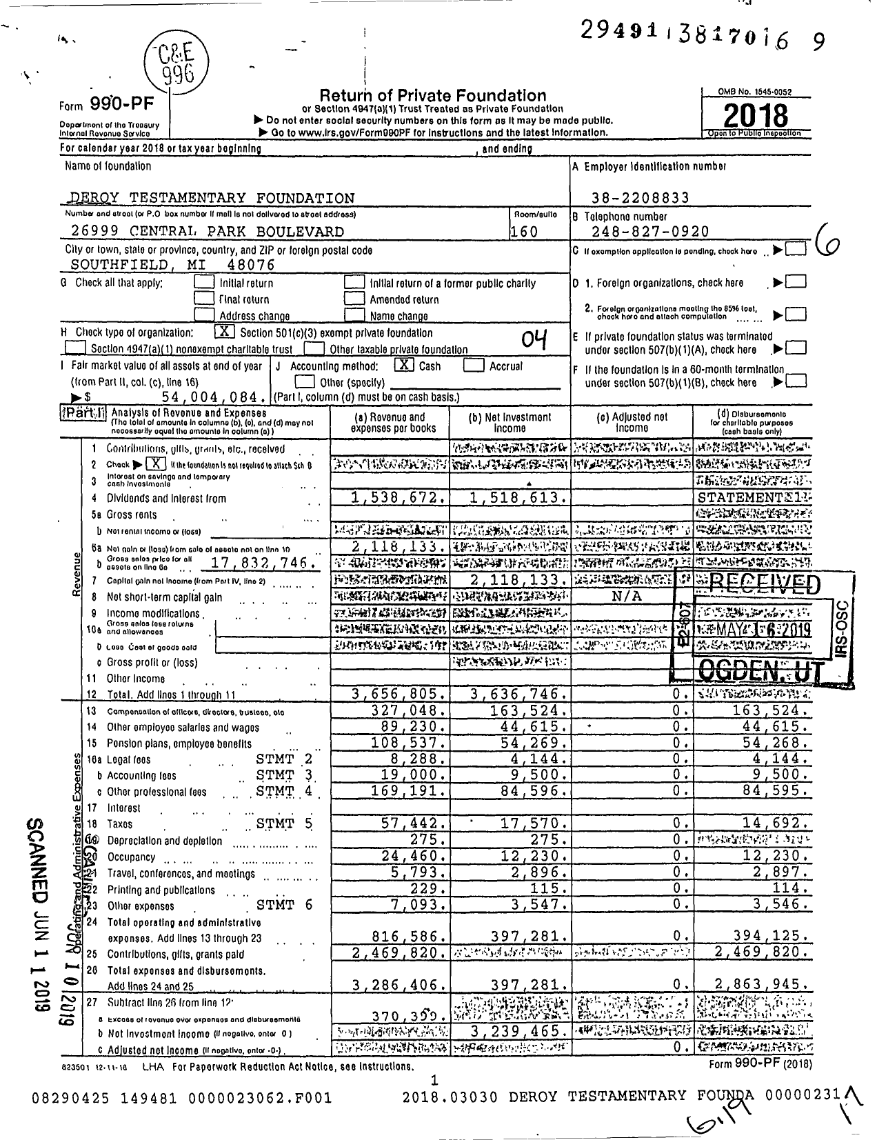 Image of first page of 2018 Form 990PF for Deroy Testamentary Foundation