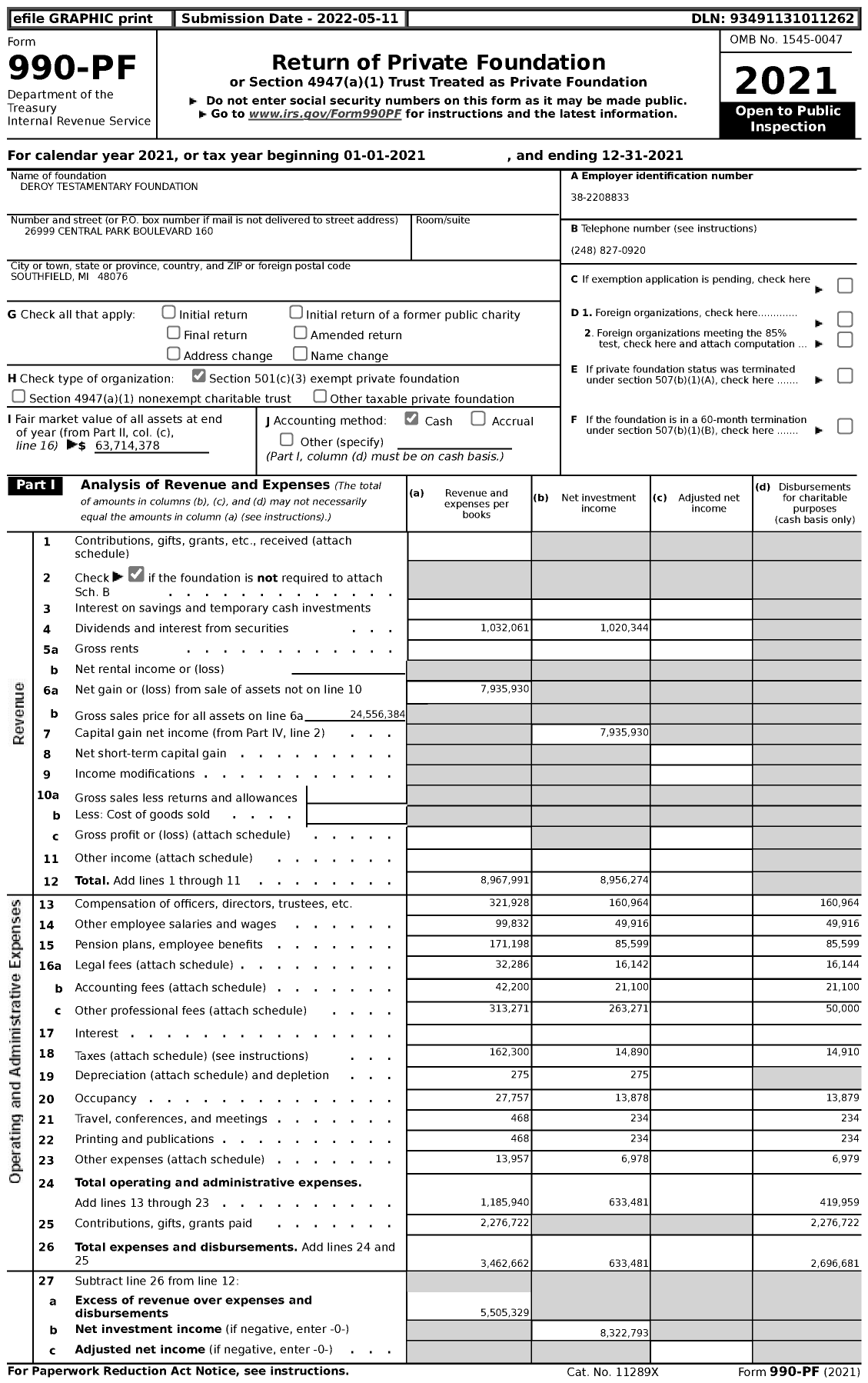 Image of first page of 2021 Form 990PF for Deroy Testamentary Foundation