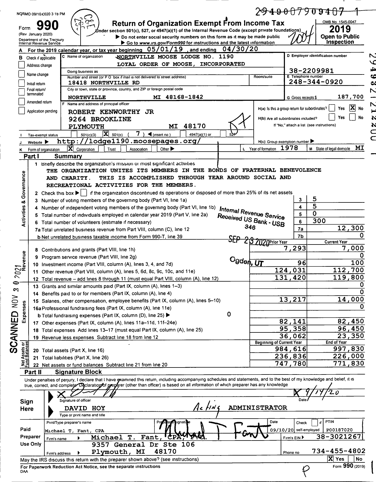 Image of first page of 2019 Form 990O for Loyal Order of Moose - 1190