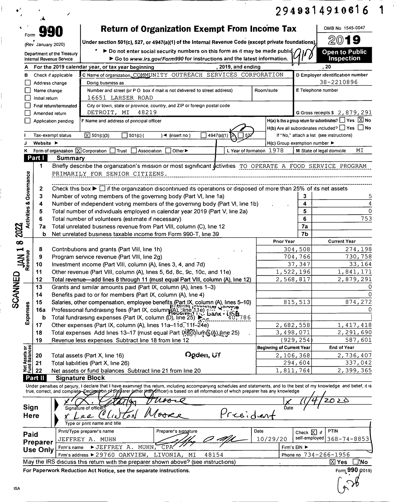 Image of first page of 2019 Form 990 for Community Outreach Services Corporation