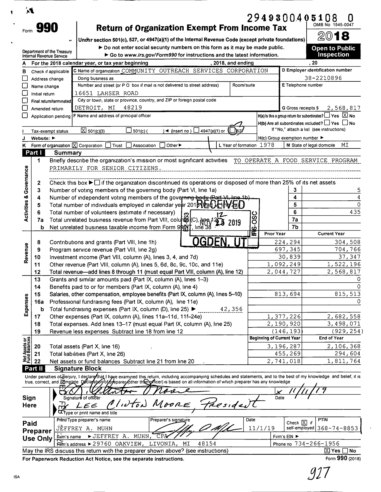 Image of first page of 2018 Form 990 for Community Outreach Services Corporation