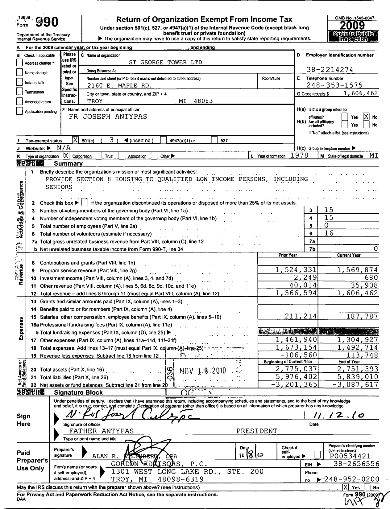 Image of first page of 2009 Form 990 for St George Tower