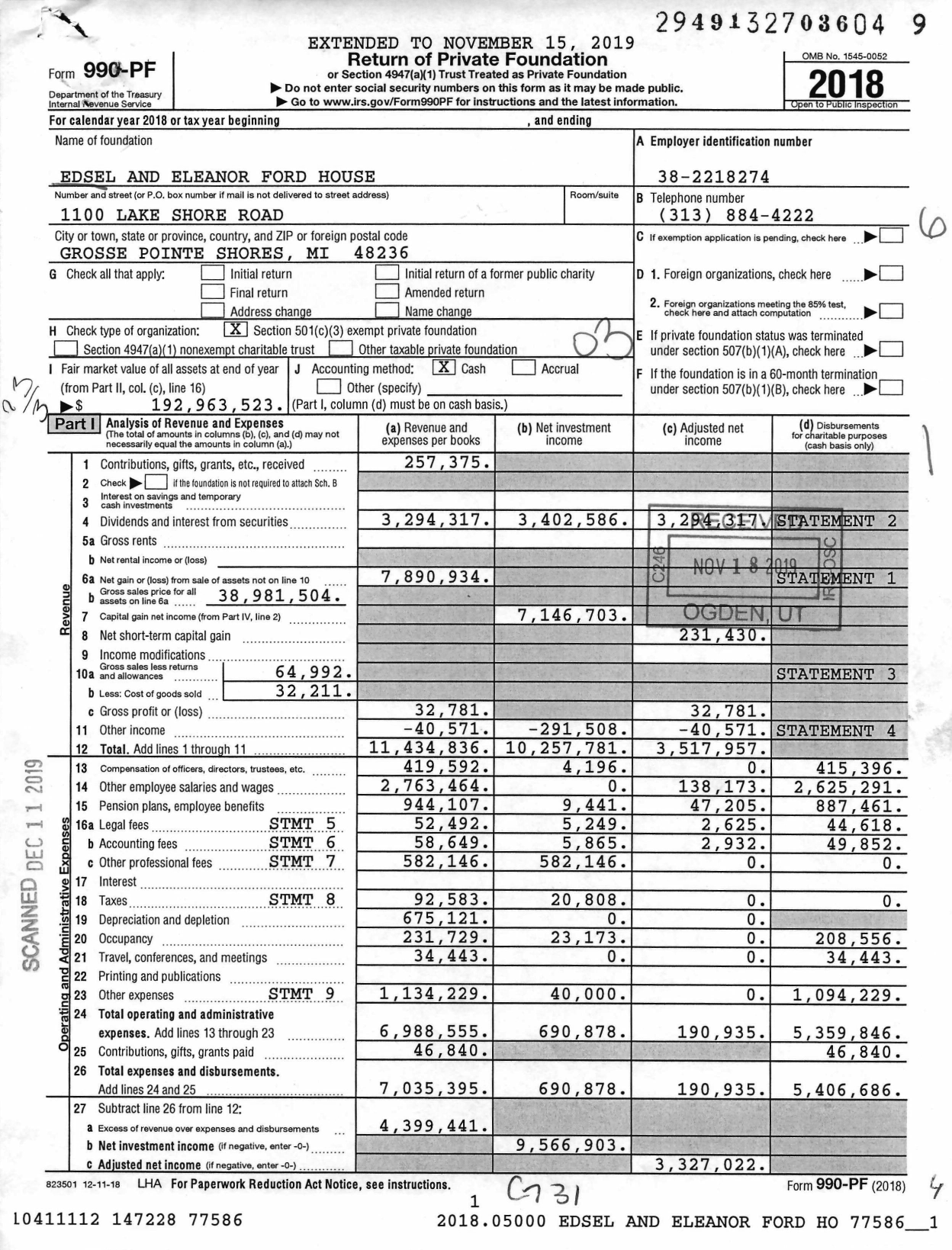 Image of first page of 2018 Form 990PF for Edsel and Eleanor Ford House