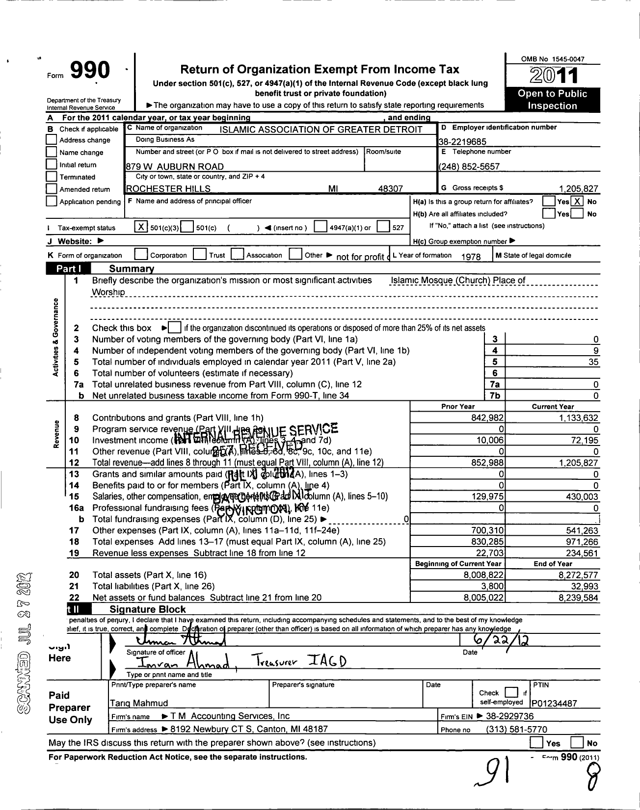 Image of first page of 2011 Form 990 for Islamic Association of Greater Detroit