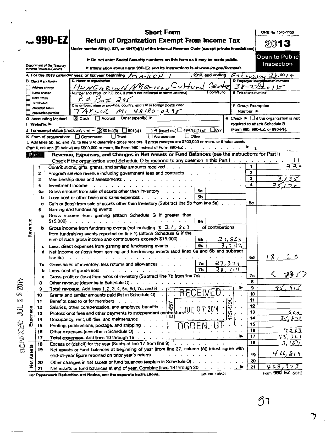 Image of first page of 2013 Form 990EZ for Hungarian American Cultural Center