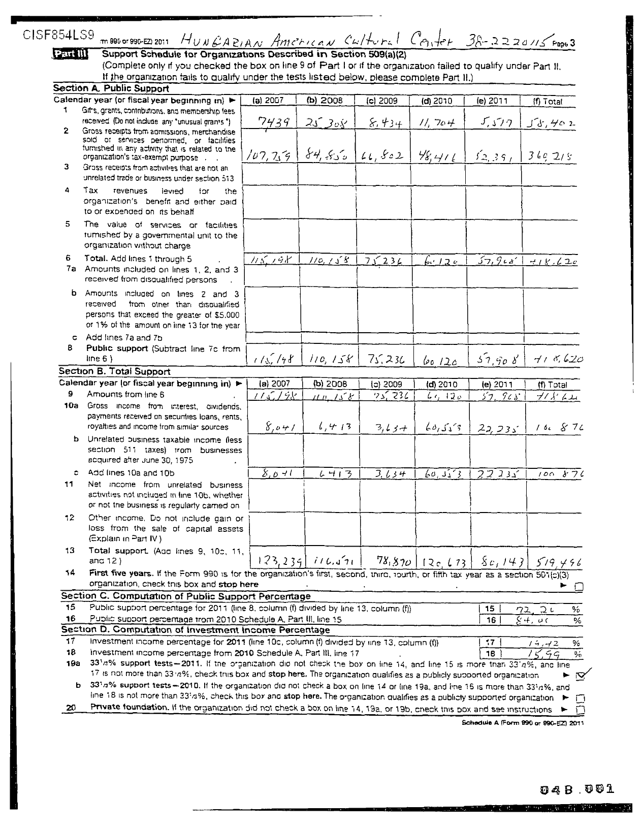 Image of first page of 2011 Form 990ER for Hungarian American Cultural Center