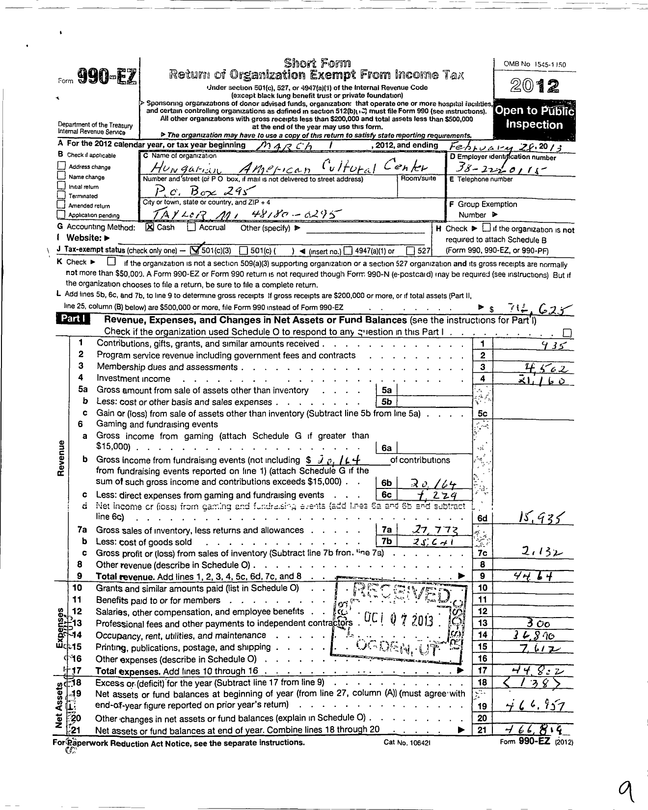 Image of first page of 2012 Form 990EZ for Hungarian American Cultural Center