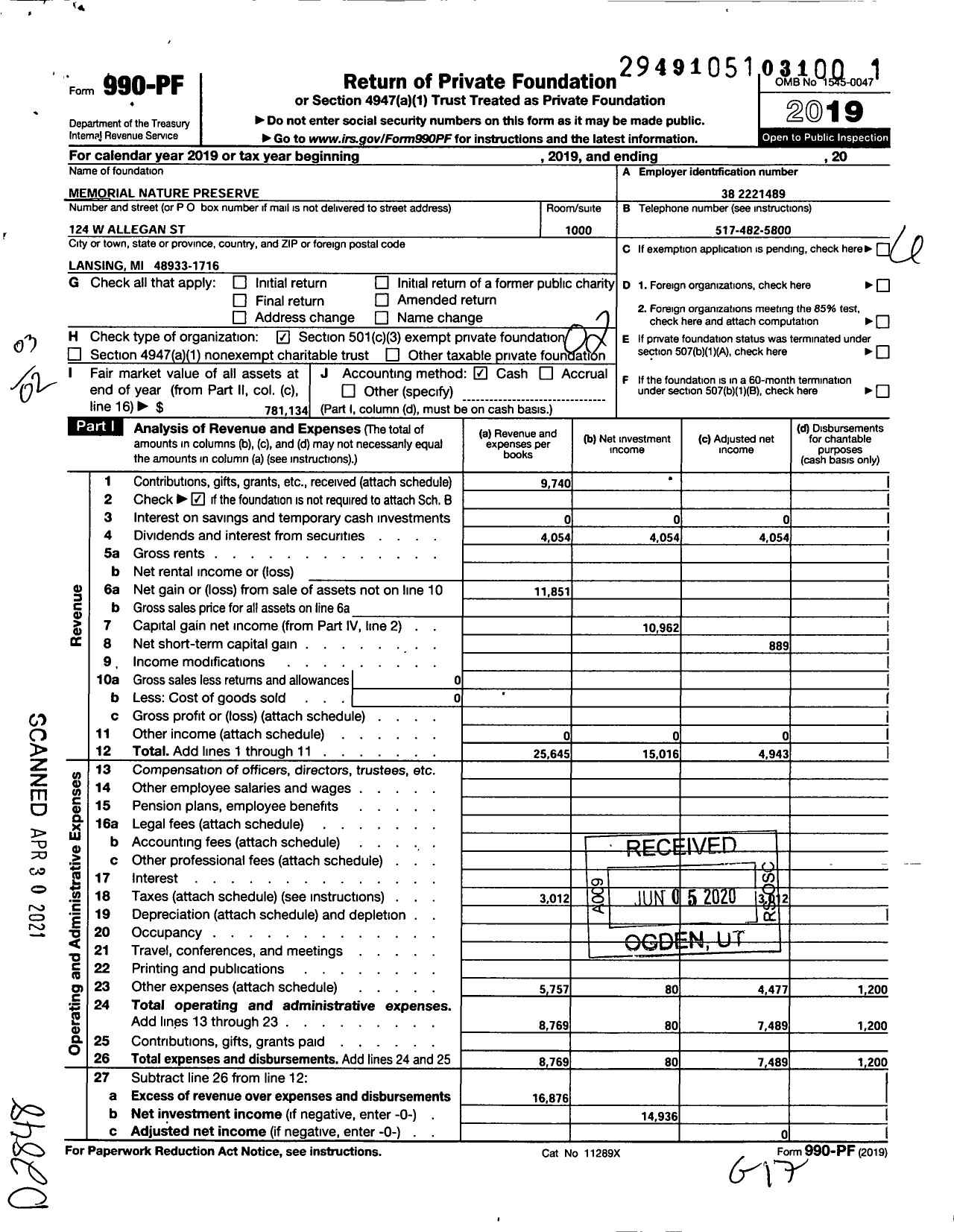 Image of first page of 2019 Form 990PF for Memorial Nature Preserve